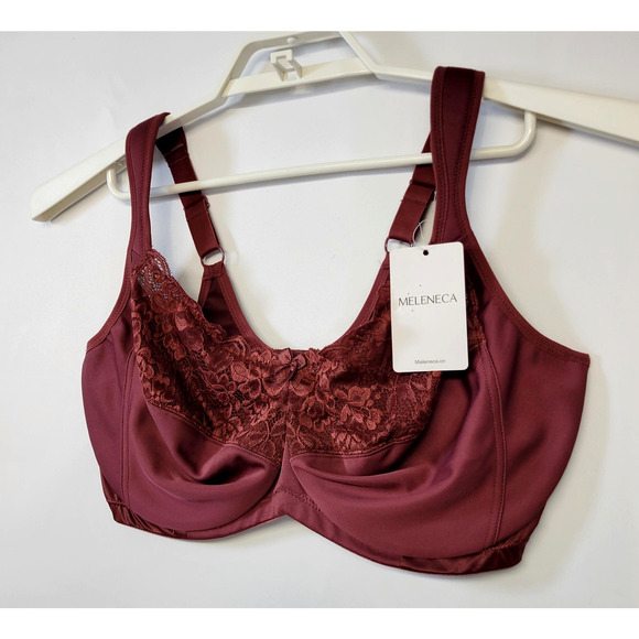 Meleneca Bra Womens 40F Cabernet Red Lace Underwire Full Coverage Support Plus - Picture 2 of 9